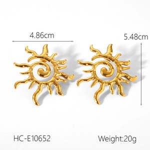 Detail view of 18K gold stainless steel sunburst earrings with size and weight specs