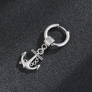 Vintage Stainless Steel Anchor Drop Hoop Earrings For Men Punk Hip Hop Street Style Jewelry With Greek Key Meander Pattern