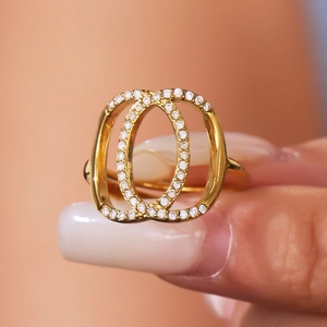 Minimalist double circle open ring with 5A cubic zirconia and luxury gold finish
