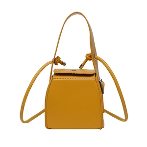 Fashionable mustard yellow PU leather square handbag with knotted top handle and silver hardware
