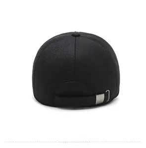 Detail view of the black baseball cap showing the adjustable metal buckle strap at the back