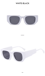 Front and side view of white rectangular sunglasses with thick frames and black lenses