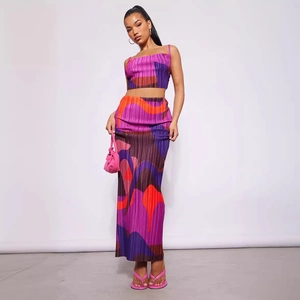 Abstract print two-piece set with pleated crop top and slim maxi skirt in purple