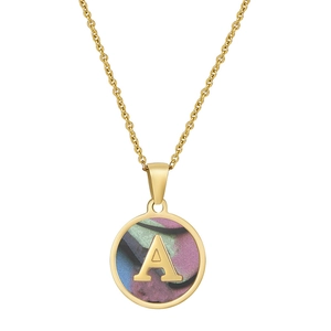 18K gold plated stainless steel necklace with round shell letter A marble pendant