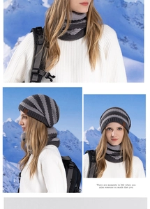Close-up of winter knit hat and neck warmer set with striped pattern and logo patch