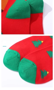 Detailed close-up of seamless toe stitching on red and green Christmas socks