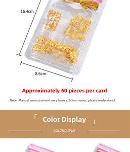 Detailed view of 60-piece gold dreadlock cuffs set with size 16.4x8.6cm packaging