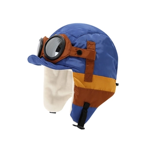 Kinder Pilotenmütze mit Schutzbrille und warmem Fleecefutter in Blau und Braun
