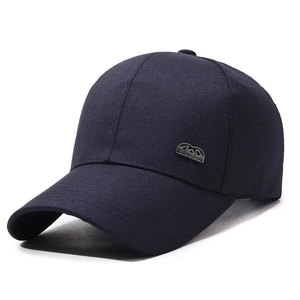 Deep blue cotton baseball cap for men featuring a classic silver classic metal badge