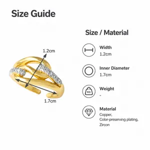 Size specifications for 18k gold plated butterfly ring with 1.2cm width and 1.7cm diameter