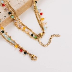 Double-layered gold star tassel beaded bracelet and anklet with colorful dopamine beads