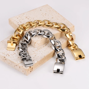 Men Chain Bracelet 304 Stainless Steel Heavy Cuban Link Anchor Pig Nose Geometric Polished Punk Hip Hop Jewelry