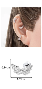 Macro detail of butterfly wing stud earring with cubic zirconia and screw-back measurements