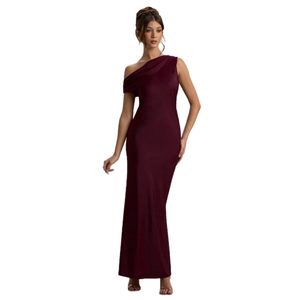 Elegant burgundy one-shoulder slim fit sleeveless evening maxi gown for formal parties