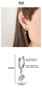 Silver heart earrings with pink zircon detail and precise measurement specifications