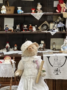 Detailed close-up of a vintage plush teddy bear in lace dress inside a boutique display