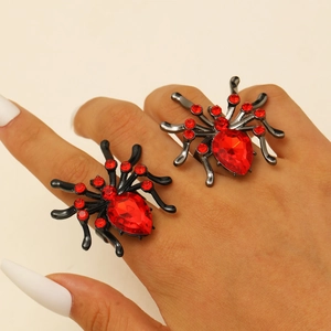 Gothic Halloween Spider Open Ring For Women Men Zinc Alloy Red Rhinestone Adjustable Finger Ring Punk Jewelry Party Gift