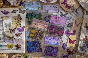 Detailed macro view of decorative butterfly stickers in PET material for DIY journals