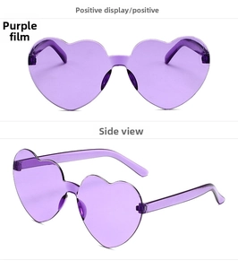 Vue de face et de profil de lunettes de soleil coeur sans monture de couleur violette