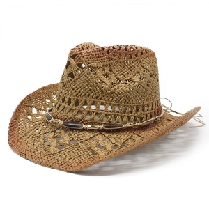 Vintage woven straw cowboy hat with decorative beads for summer sun protection