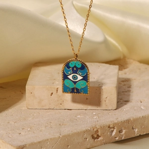Gold stainless steel Arch of Titus necklace with blue evil eye enamel pendant