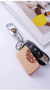 Close-up of engraved wooden keychain with Chinese motifs and luxury car remote key set