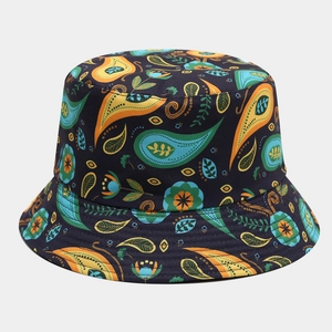 Reversible paisley bucket hat with vibrant digital floral print and wide sun-shading brim