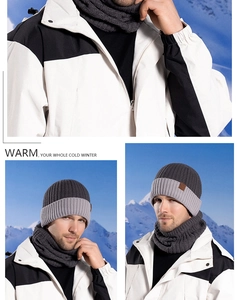 Close-up of thick knit pattern and fleece lining on winter hat and neck gaiter set