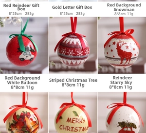 Detailed view of 8cm Christmas ball ornaments with Santa, reindeer and snowflake patterns