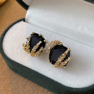 Boucles D'oreilles Vintage Carrées En Pierres Noires Avec Tige En Argent Sterling 925 Plaqué Or Motif Épi De Blé Bijoux Rétro Femme