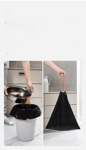 Detail of drawstring trash bag showing leak-proof test with water for kitchen use