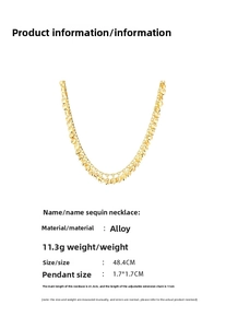 Detail showing dimensions of gold alloy sequin choker necklace and adjustable extender chain