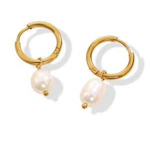 French vintage 18K gold plated hoop earrings with irregular baroque pearl pendants