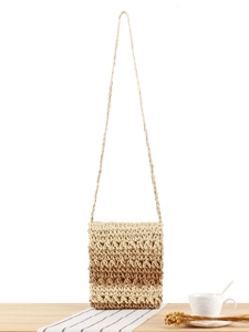 Women Hand-woven Gradient Paper Rope Crossbody Bag For Beach Vacation Small Hollow Knitted Shoulder Bag
