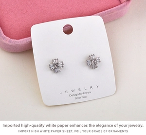 Macro view of silver star stud earrings with zircon on a white jewelry display card