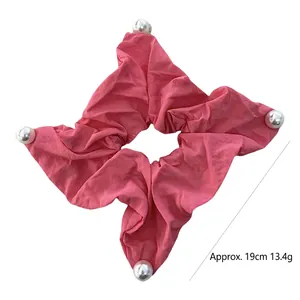 Peach pink fabric oversized scrunchie with white pearls, 19cm diameter and 13.4g weight