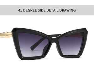 45-degree side view showing black cat-eye frames with purple gradient lenses and metal temples