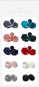 Detailed view of hexagonal velvet jewelry boxes in ten distinct elegant colors