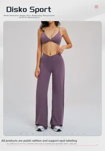 Close-up of brushed yoga set featuring twist-front sports bra and high-waisted wide-leg pants