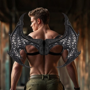 Realistic black dragon wings for adult cosplay with detailed scale texture and elastic straps