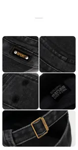Detail view of washed cotton hat with metal buckle, sport patch and 100% cotton tag