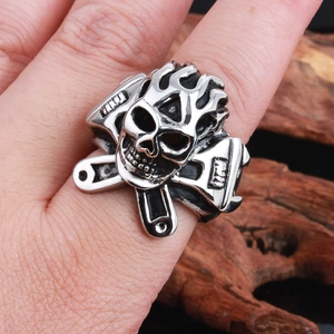 Punk rocker skull ring with crossed wrenches design in silver stainless steel finish
