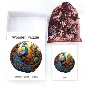Detailed set of Peacock wooden puzzle with retail box, red mesh bag, and reference card