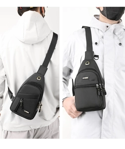 Front and back views of a men's waterproof black oxford chest bag worn by a model
