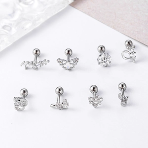 Silver stainless steel cartilage studs with butterfly and bee shapes and sparkling zircons