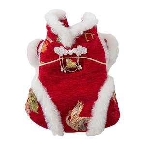 Traditional red Chinese dog Tang suit with crane embroidery and white faux fur trim