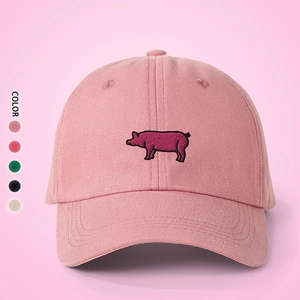 Detailed view of pink pig embroidery on cotton canvas baseball cap with five color options