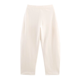 Pantalon en velours crème à taille haute avec ceinture élastique et coupe jambe large