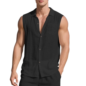 Detail of men's black sleeveless linen shirt featuring a lapel collar and chest pocket