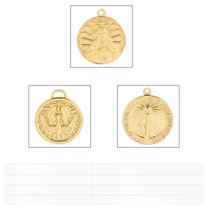 Detailed view of 25mm gold stainless steel religious charms with Jesus and Virgin Mary